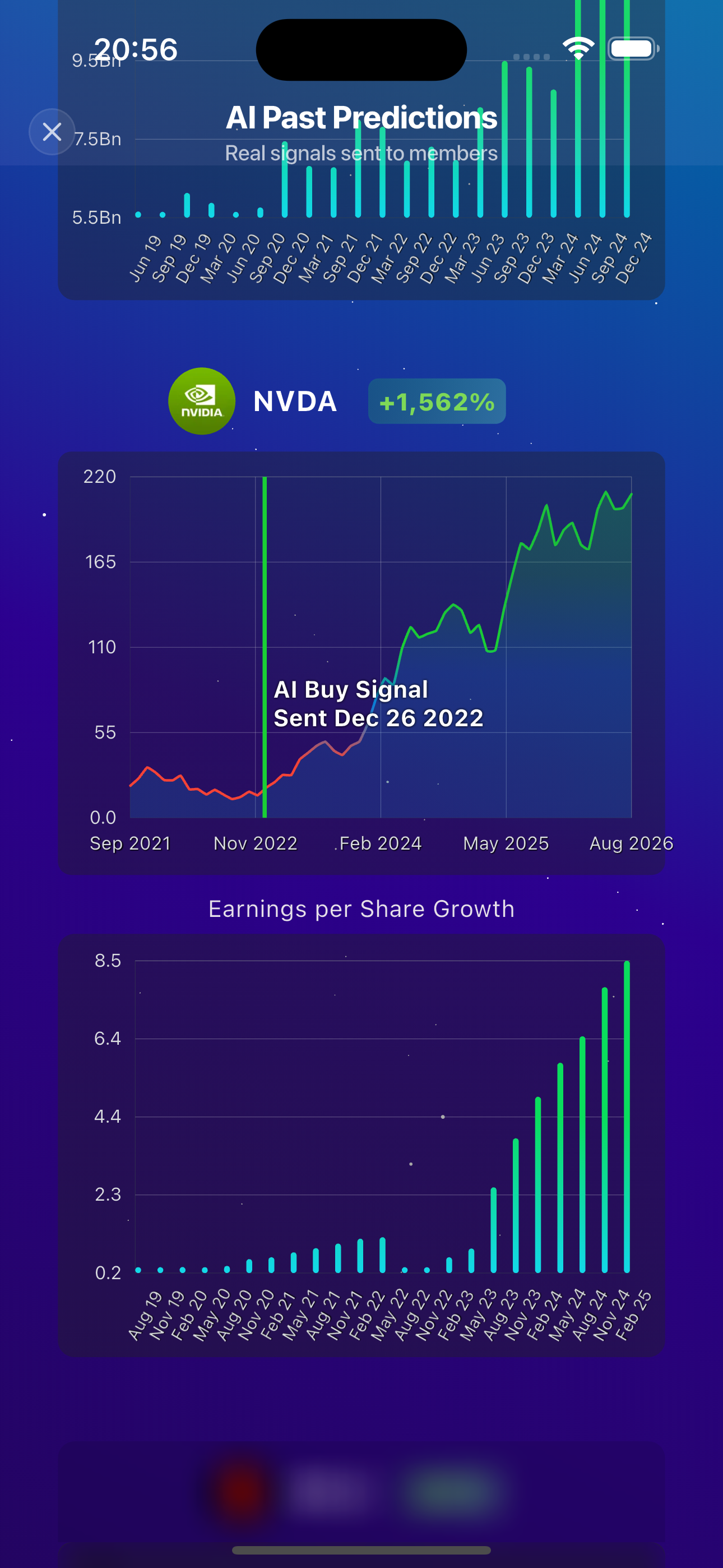 Historical NVDA AI signal example in the app